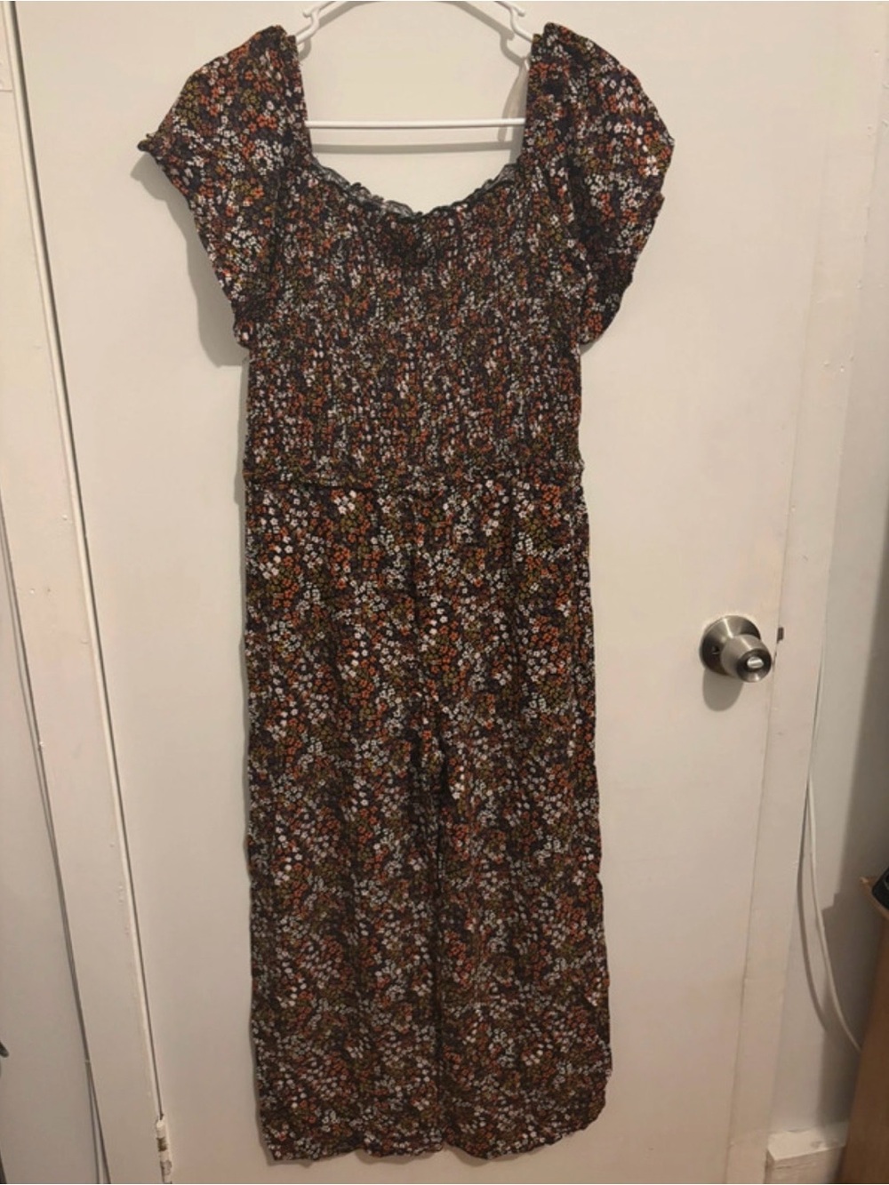 art class Black Floral Smocked Top with Brown and Orange Accents